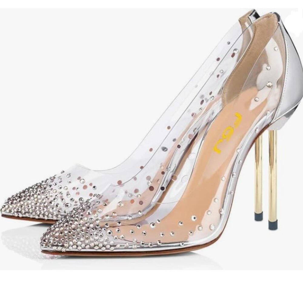 FSJ Silver Studded Pointed Toe Transparent Pumps High Heels Shoes